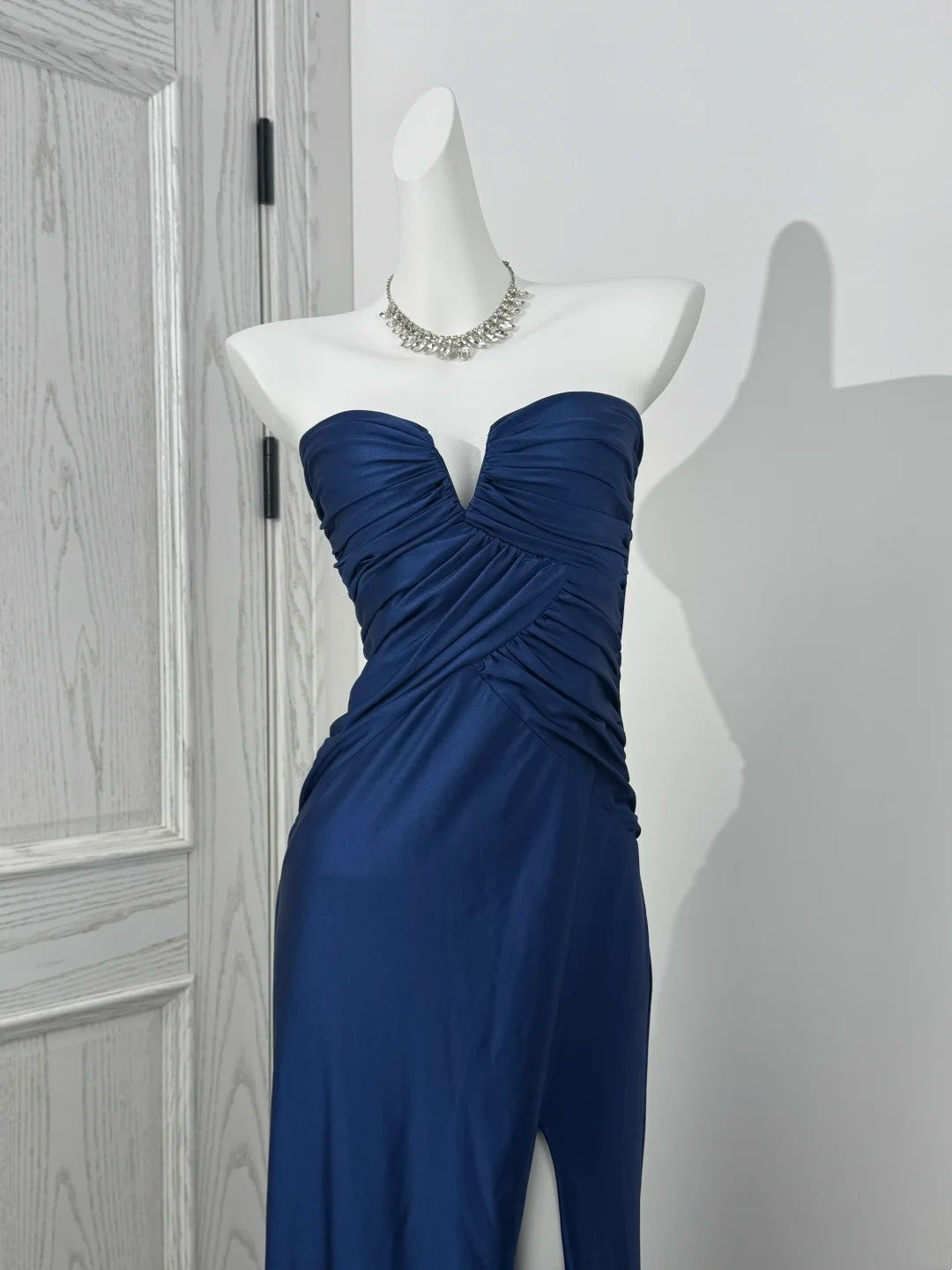 Strapless Navy Blue Sheath Prom Dress With Slit  J10402