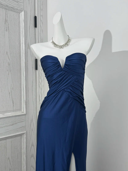 Strapless Navy Blue Sheath Prom Dress With Slit  J10402