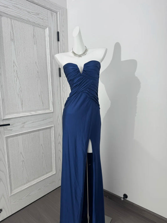Trägerloses silbernes Vintage-Abendkleid, A-Linie, Geburtstagskleid J9370