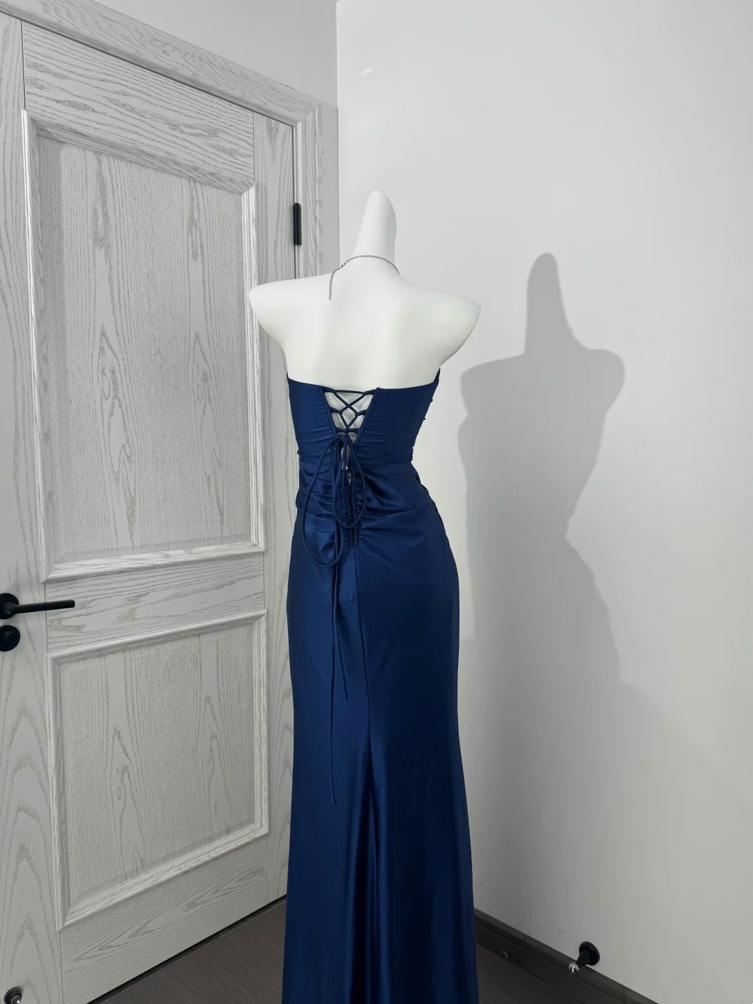 Strapless Navy Blue Sheath Prom Dress With Slit  J10402