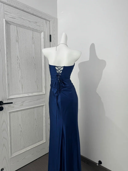 Strapless Navy Blue Sheath Prom Dress With Slit  J10402