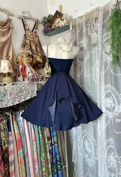 Strapless Navy Blue Short Homecoming Dress A Line Birthday Dress  J10911