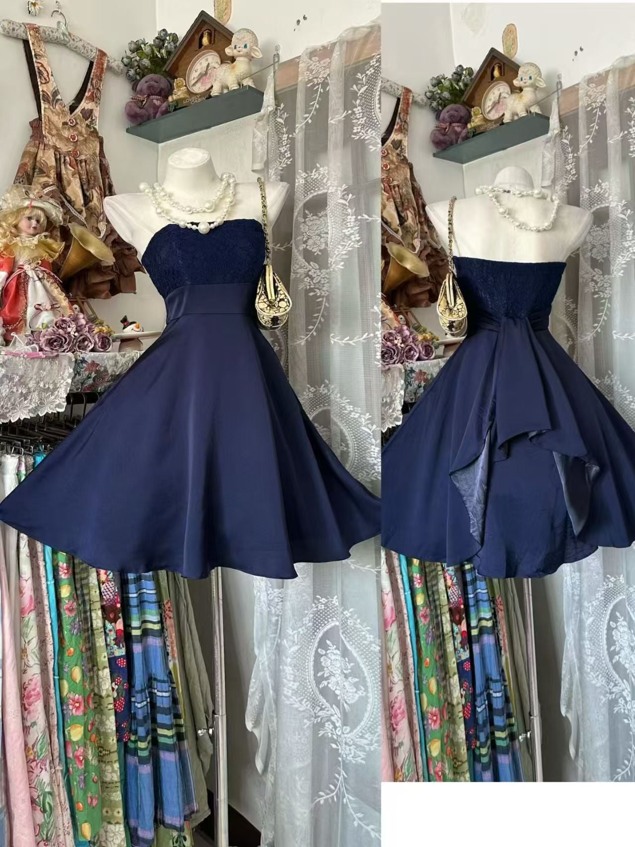 Strapless Navy Blue Short Homecoming Dress A Line Birthday Dress  J10911