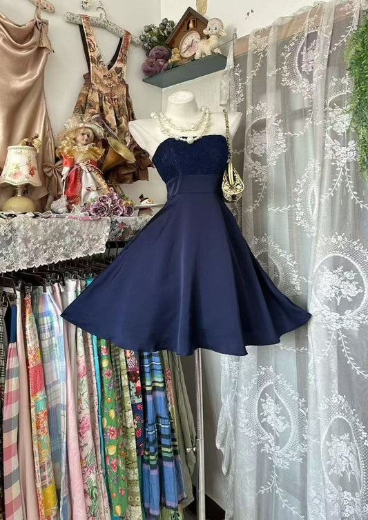 Strapless Navy Blue Short Homecoming Dress A Line Birthday Dress  J10911