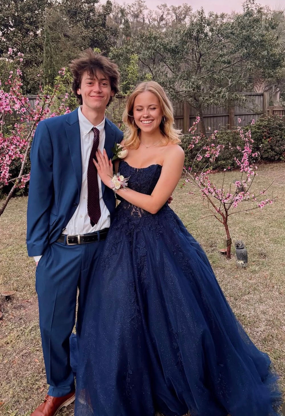 Strapless Navy Blue Sparkle Prom Dress Tulle Appliques Evening Dress  J10041