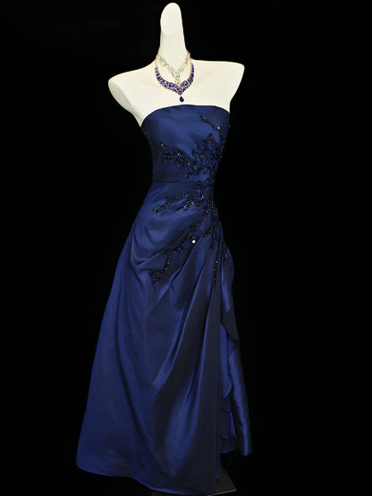 Trägerloses silbernes Vintage-Abendkleid, A-Linie, Geburtstagskleid J9370