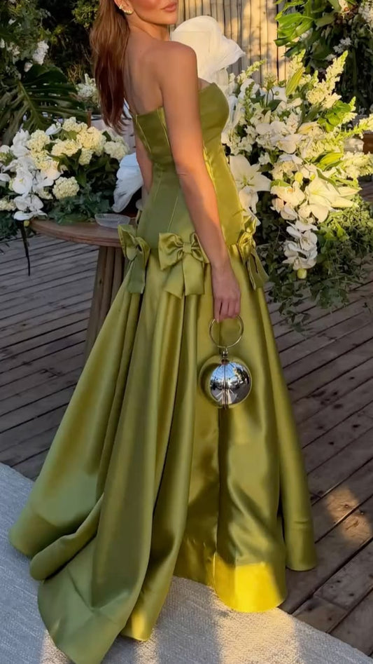 Strapless Olive Green Formal Wedding Guest Dress With Bow Knots  J11689