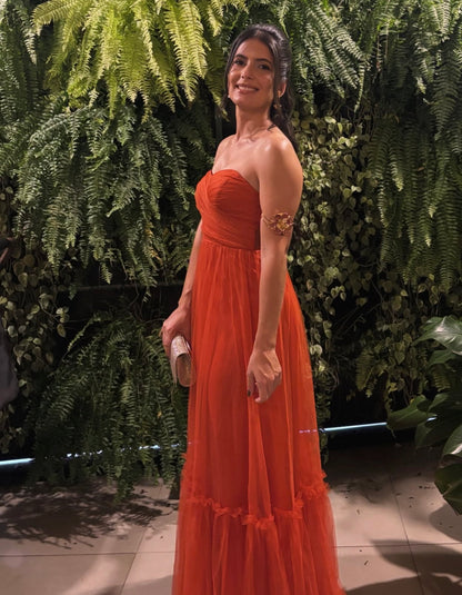 Strapless Orange A Line Wedding Guest Dress With Ruffles  J11958