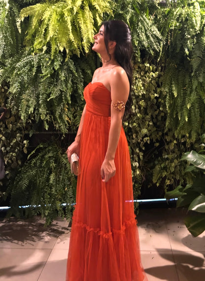 Strapless Orange A Line Wedding Guest Dress With Ruffles  J11958