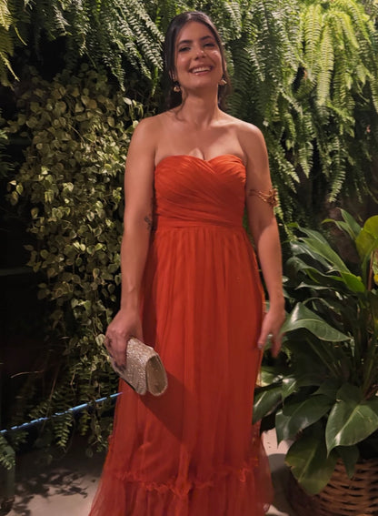 Strapless Orange A Line Wedding Guest Dress With Ruffles  J11958