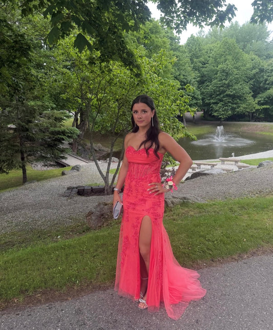 Strapless Peach Mermaid Formal Prom Dress Appliqued Evening Gown  J11803