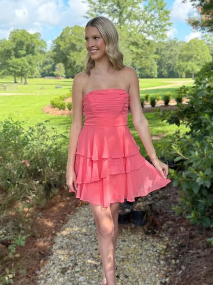 Strapless Peach Pink Chiffon Homecoming Dress Layered Party Dress J11631