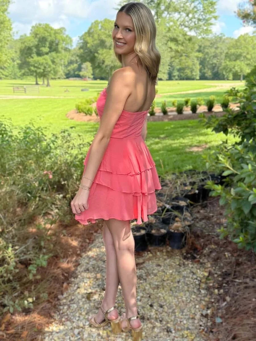 Strapless Peach Pink Chiffon Homecoming Dress Layered Party Dress J11631