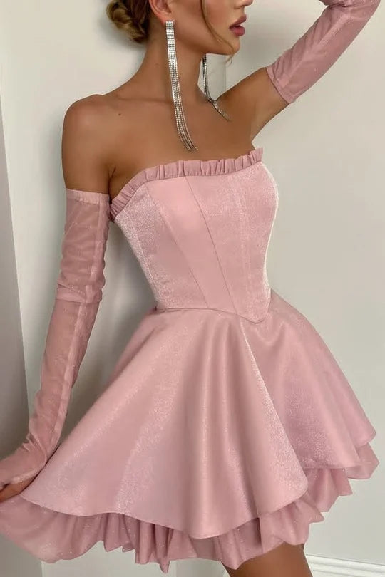 Trägerloses silbernes Vintage-Abendkleid, A-Linie, Geburtstagskleid J9370