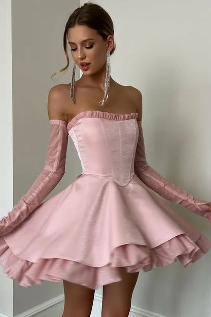 Trägerloses silbernes Vintage-Abendkleid, A-Linie, Geburtstagskleid J9370