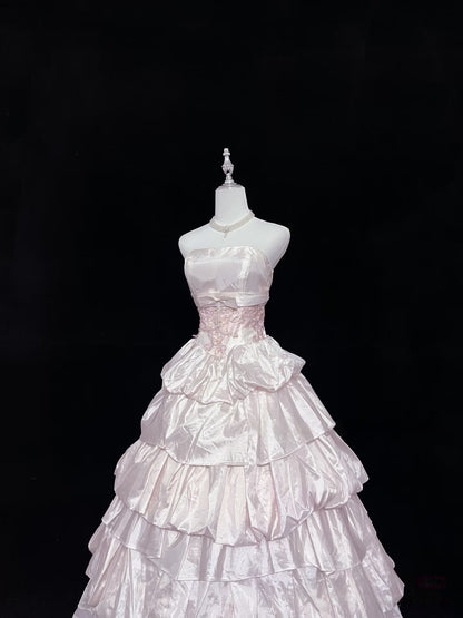 Trägerloses silbernes Vintage-Abendkleid, A-Linie, Geburtstagskleid J9370