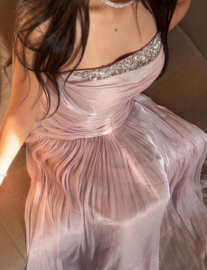 Trägerloses silbernes Vintage-Abendkleid, A-Linie, Geburtstagskleid J9370