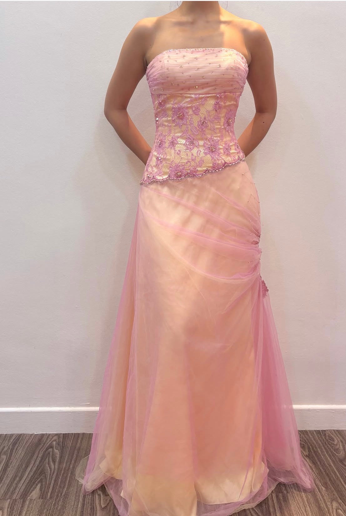 Strapless Pink Formal Prom Dress Retro Lace Evening Gown  J12072