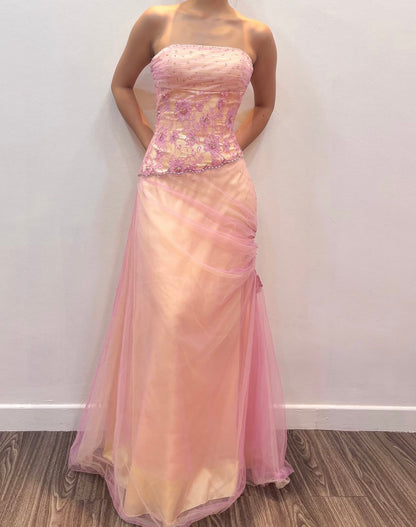 Strapless Pink Formal Prom Dress Retro Lace Evening Gown  J12072