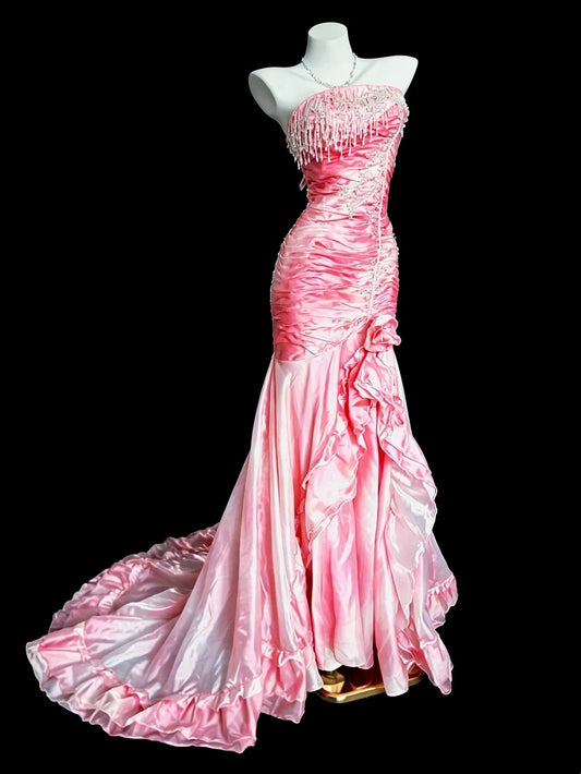 Trägerloses silbernes Vintage-Abendkleid, A-Linie, Geburtstagskleid J9370