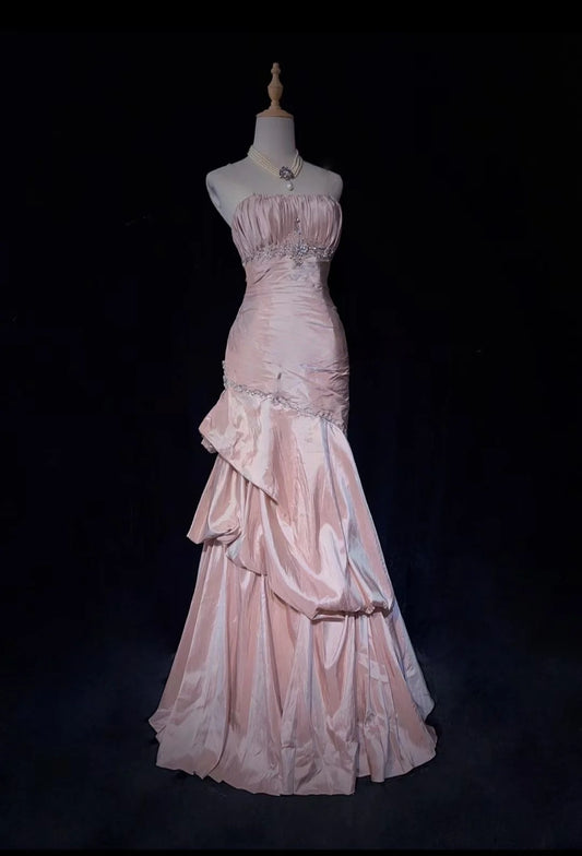 Trägerloses silbernes Vintage-Abendkleid, A-Linie, Geburtstagskleid J9370