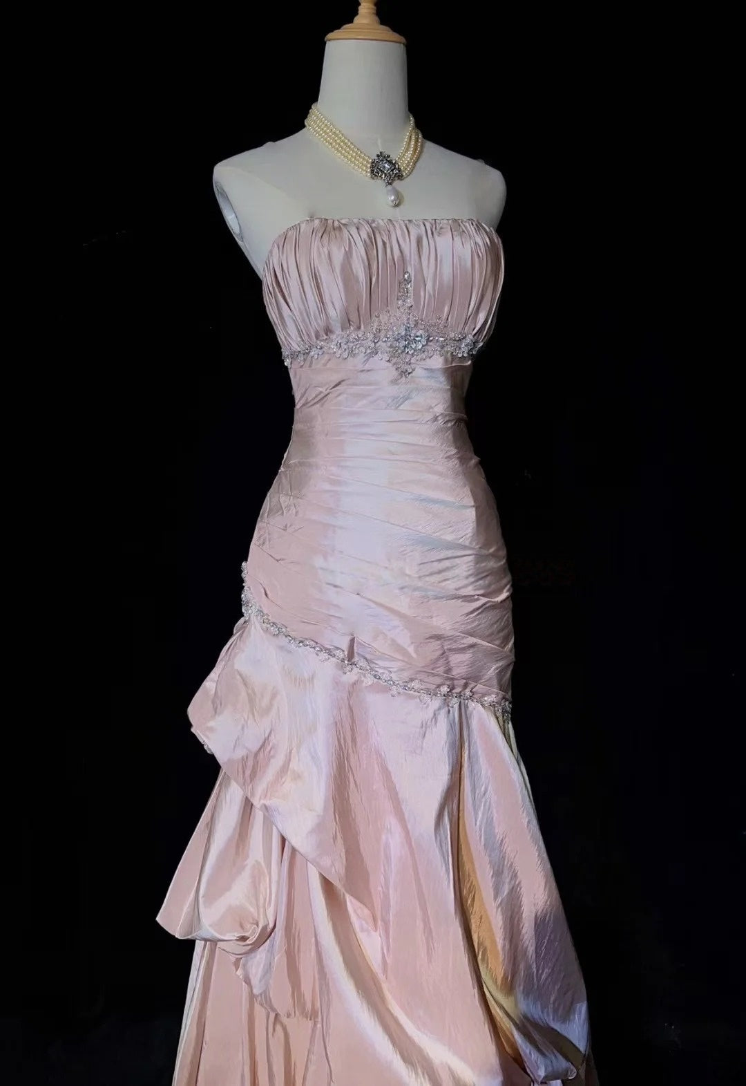 Strapless Pink Mermaid Prom Dress Taffeta Retro Evening Dress  J10335