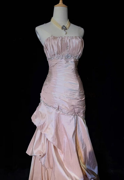 Strapless Pink Mermaid Prom Dress Taffeta Retro Evening Dress  J10335