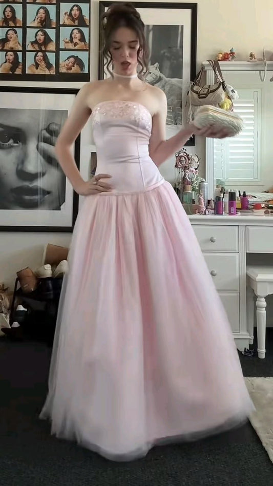 Strapless Pink Retro Formal Prom Dress Sweet Birthday Gown  J11685