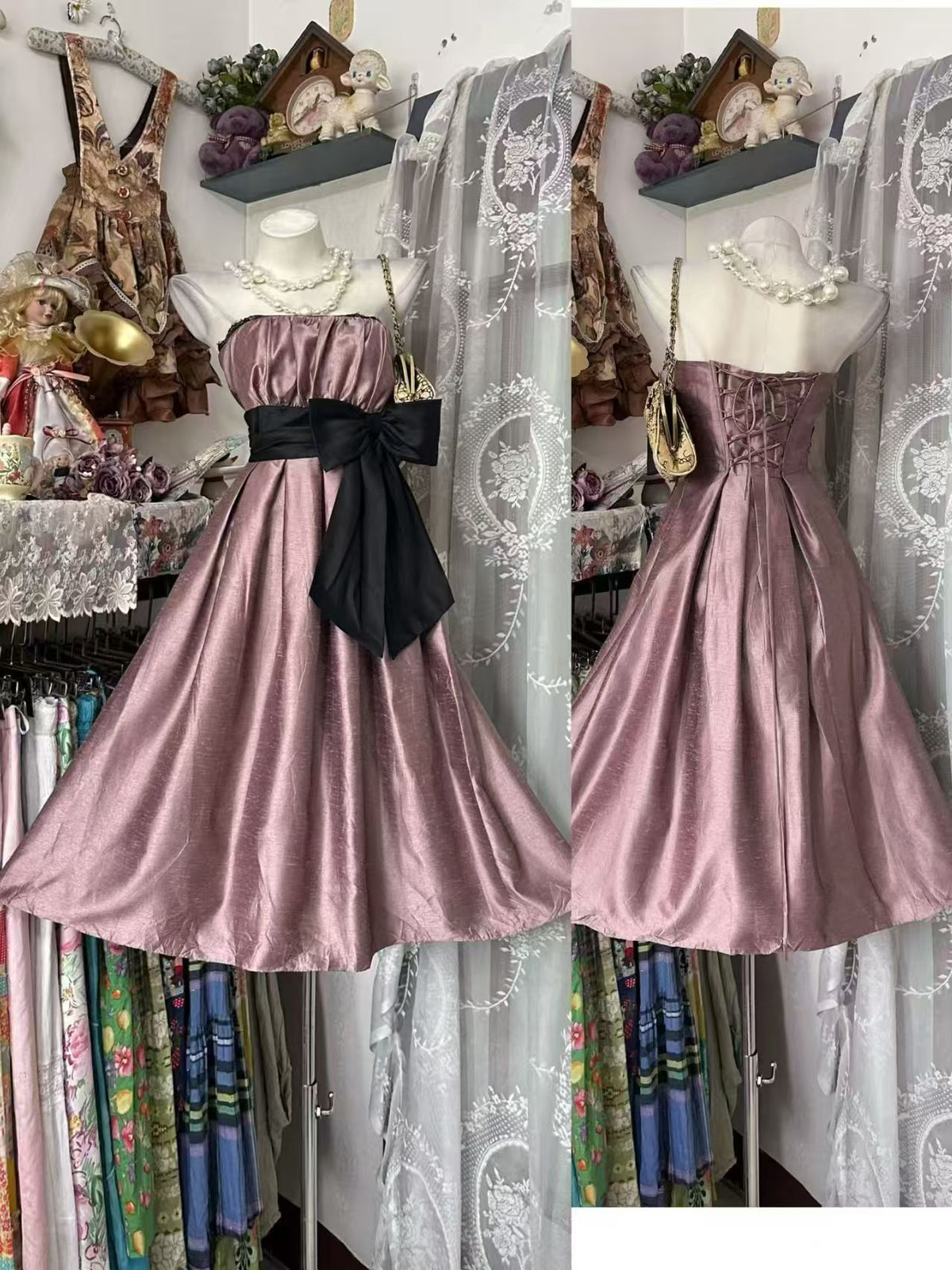 Strapless Pink Retro Short Birthday Dress With Bow Knot J11851