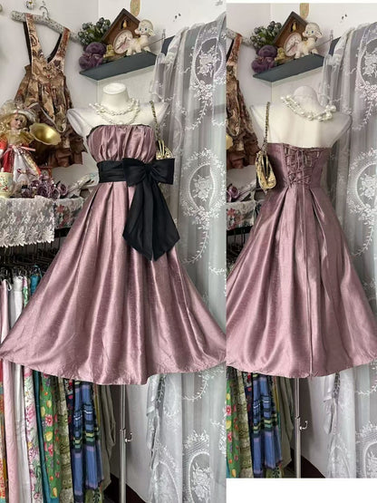 Strapless Pink Retro Short Birthday Dress With Bow Knot J11851