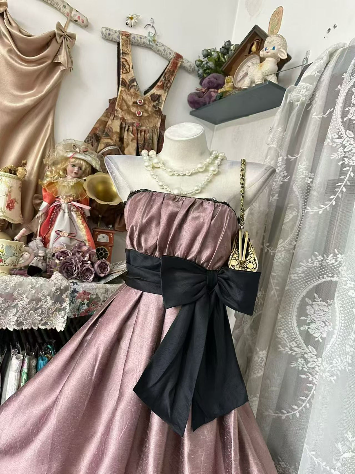 Strapless Pink Retro Short Birthday Dress With Bow Knot J11851