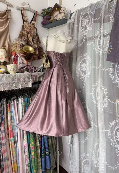 Strapless Pink Retro Short Birthday Dress With Bow Knot J11851