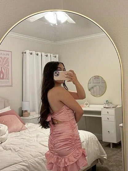 Strapless Pink Ruffled Sheath Satin Homecoming Dress  J11625