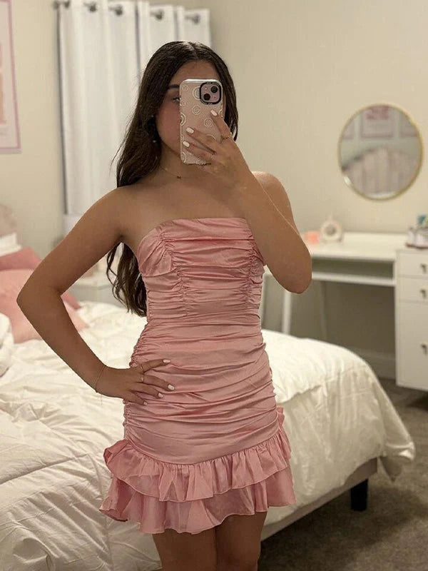 Strapless Pink Ruffled Sheath Satin Homecoming Dress  J11625
