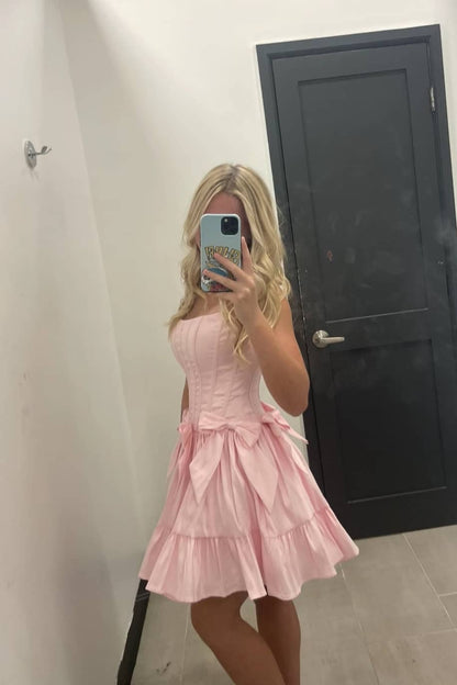 Strapless Pink Satin A Line Homecoming Dress With Bow Knot  J11270
