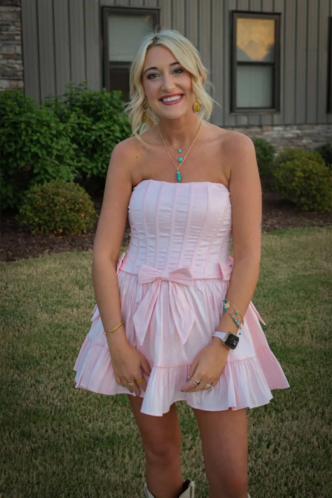 Strapless Pink Satin A Line Homecoming Dress With Bow Knot  J11270