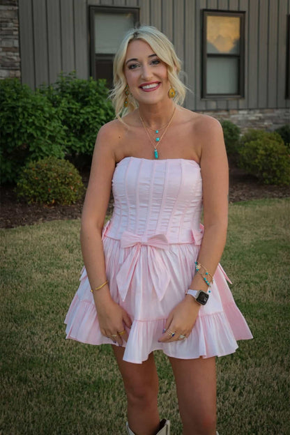 Strapless Pink Satin A Line Homecoming Dress With Bow Knot  J11270