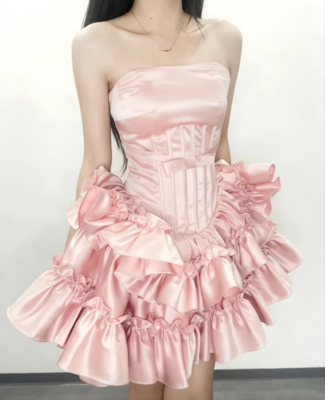 Strapless Pink Satin Birthday Dress Ruffled Short Party Dress  J10230