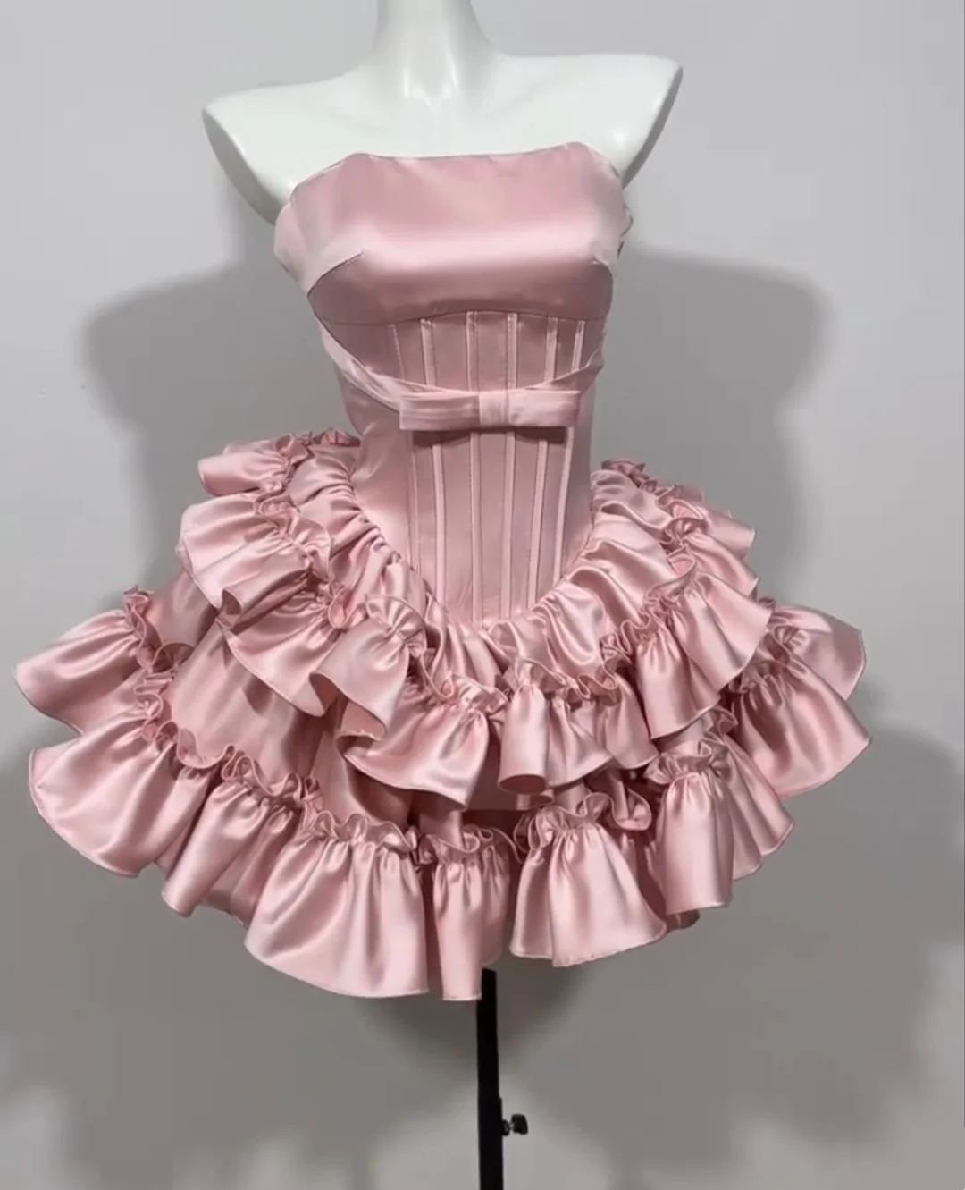 Strapless Pink Satin Birthday Dress Ruffled Short Party Dress  J10230