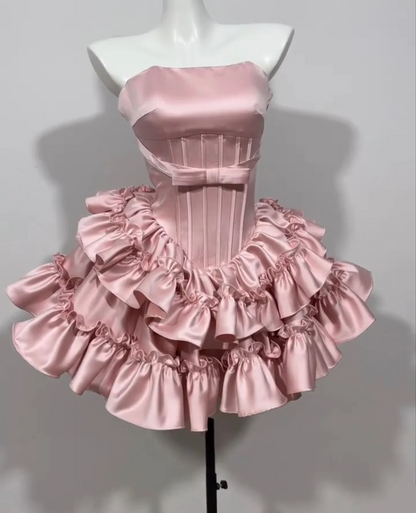 Strapless Pink Satin Birthday Dress Ruffled Short Party Dress  J10230