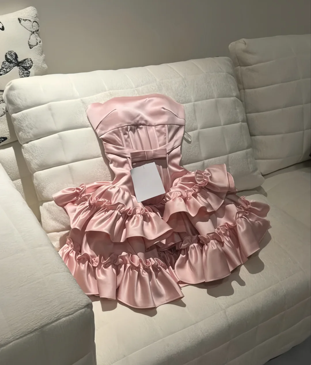 Strapless Pink Satin Birthday Dress Ruffled Short Party Dress  J10230