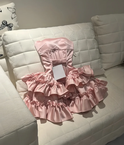 Strapless Pink Satin Birthday Dress Ruffled Short Party Dress  J10230
