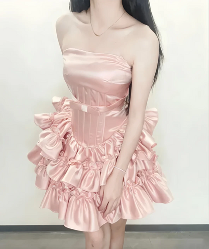 Strapless Pink Satin Birthday Dress Ruffled Short Party Dress  J10230