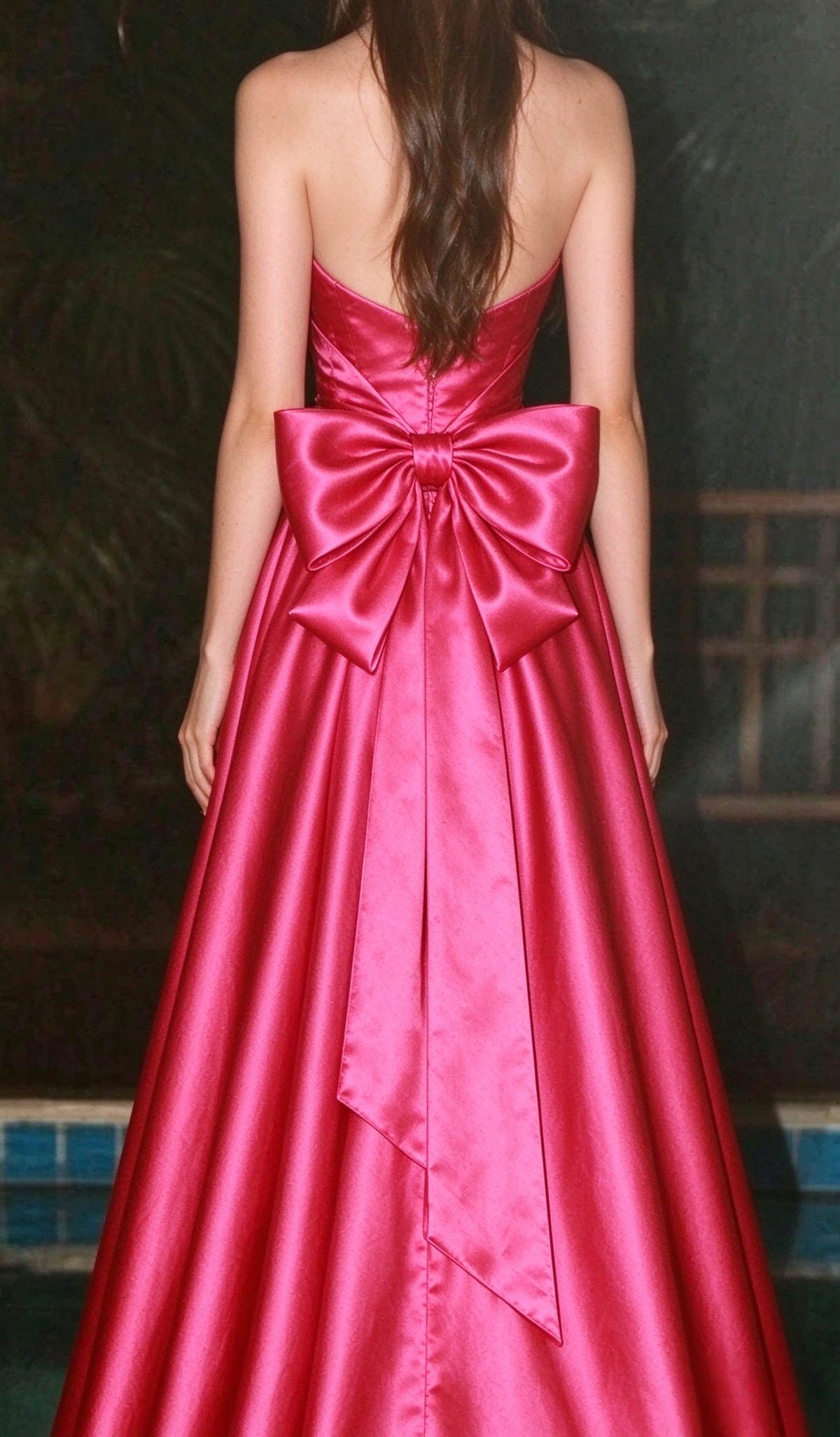 Strapless Pink Satin Long Evening Dress With Bow Knot  J12211