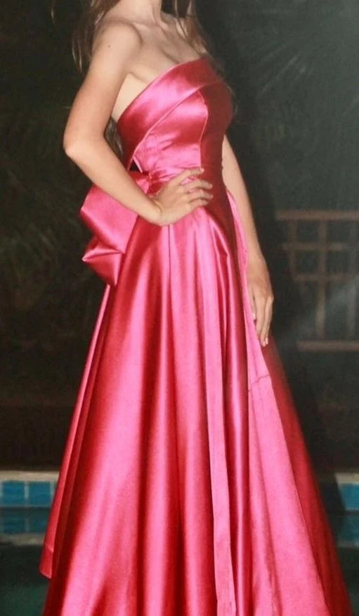 Strapless Pink Satin Long Evening Dress With Bow Knot  J12211