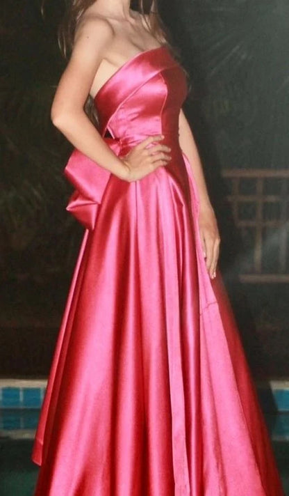 Strapless Pink Satin Long Evening Dress With Bow Knot  J12211