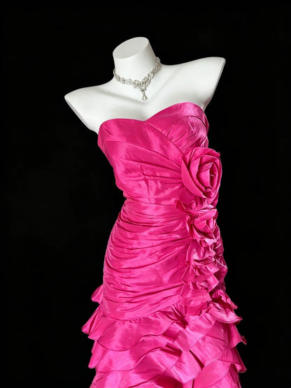 Trägerloses silbernes Vintage-Abendkleid, A-Linie, Geburtstagskleid J9370