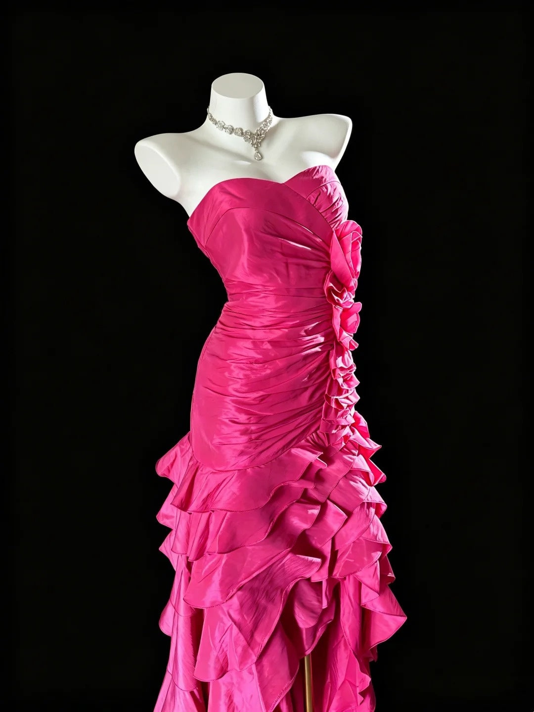 Trägerloses silbernes Vintage-Abendkleid, A-Linie, Geburtstagskleid J9370