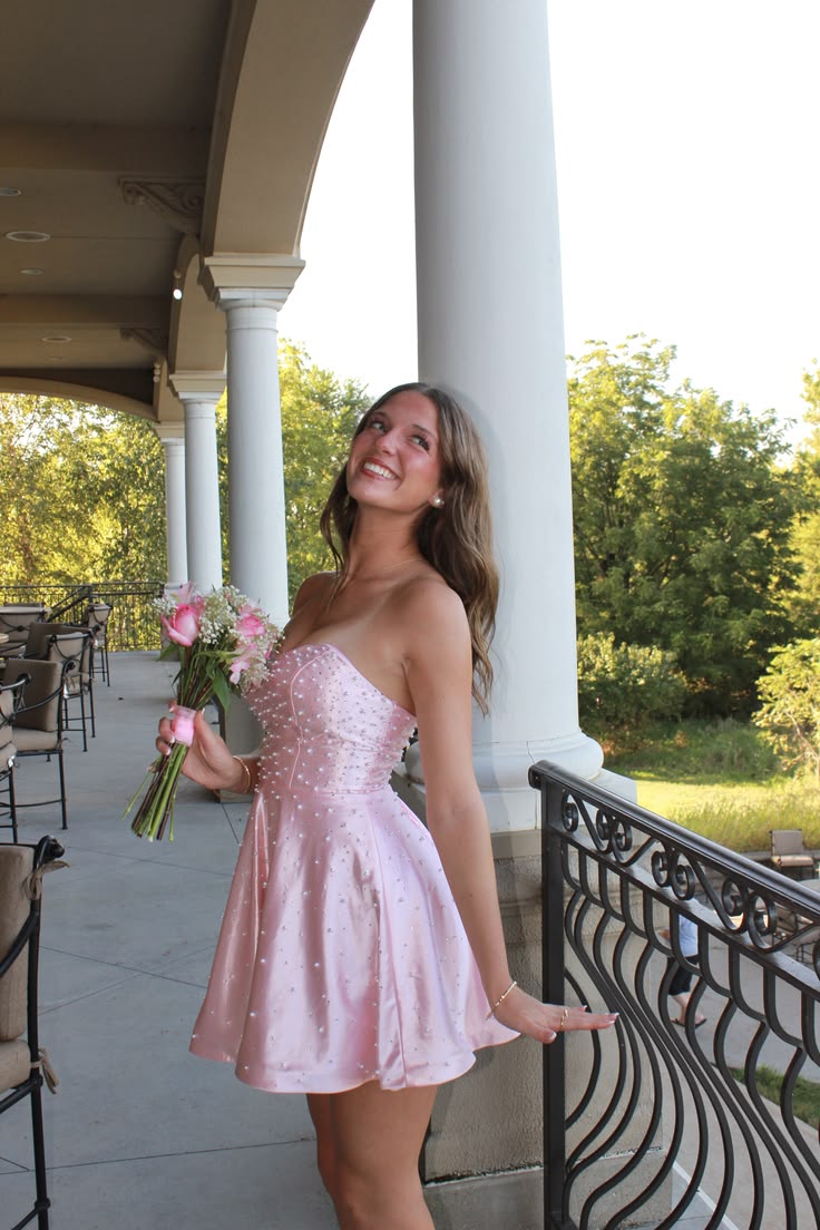 Strapless Pink Satin Short Homecoming Dress Pearl Birthday Dress J11926