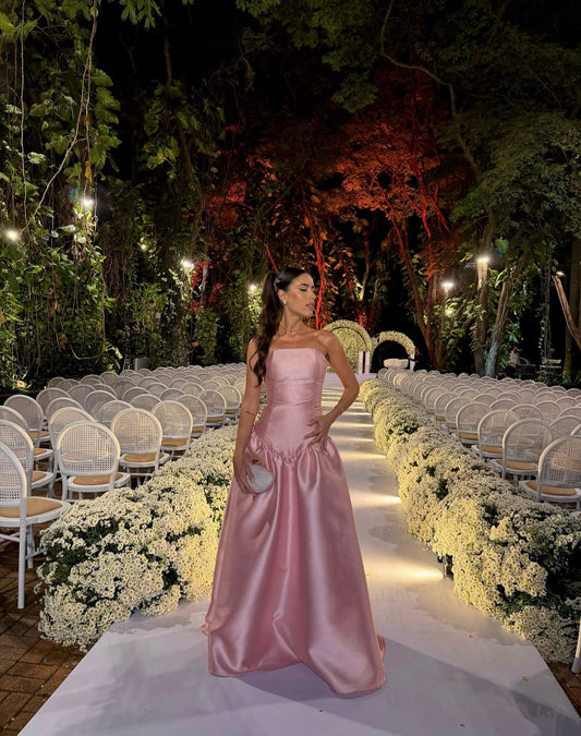 Strapless Pink Satin Wedding Guest Dress A Line Formal Prom Dress  J11698